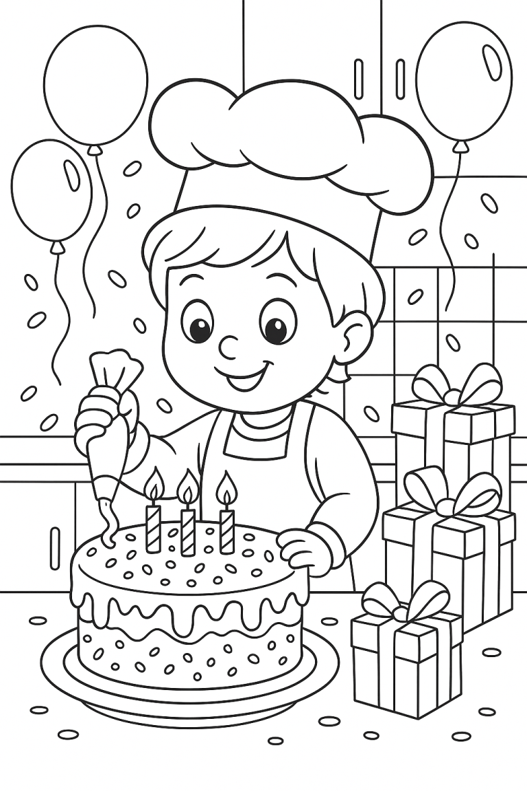 Child decorating a birthday cake with candles and gifts