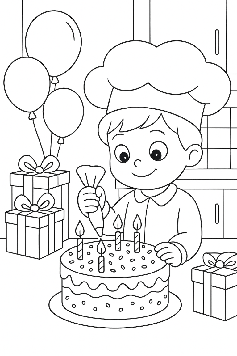 Child decorating a birthday cake with candles and gifts