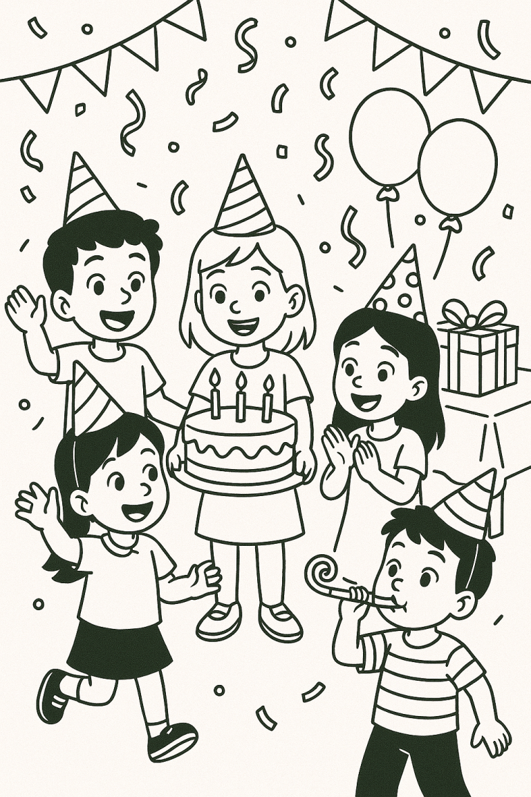 Children celebrating a birthday with hats and cake