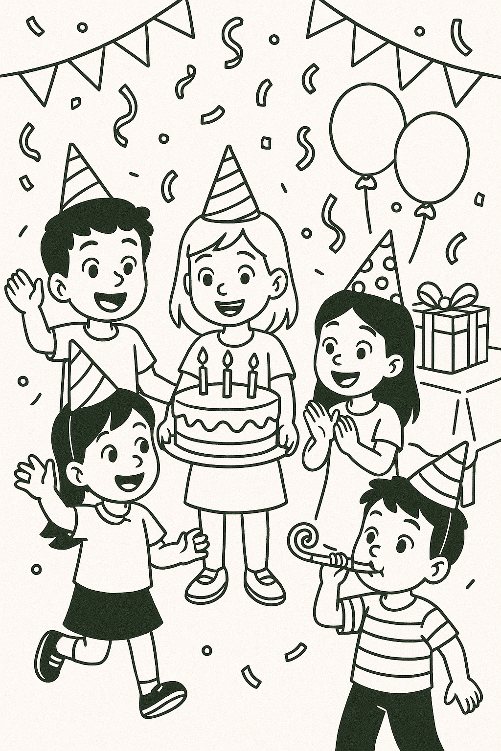 Children celebrating a birthday with hats and cake