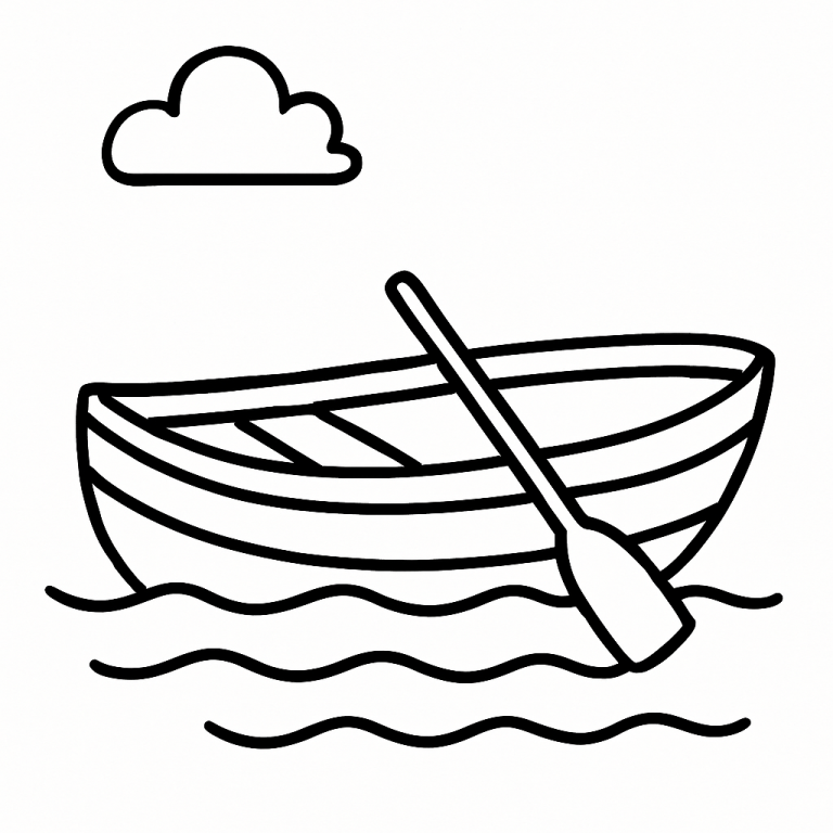 Black and white coloring page of a boat with an oar and clouds.