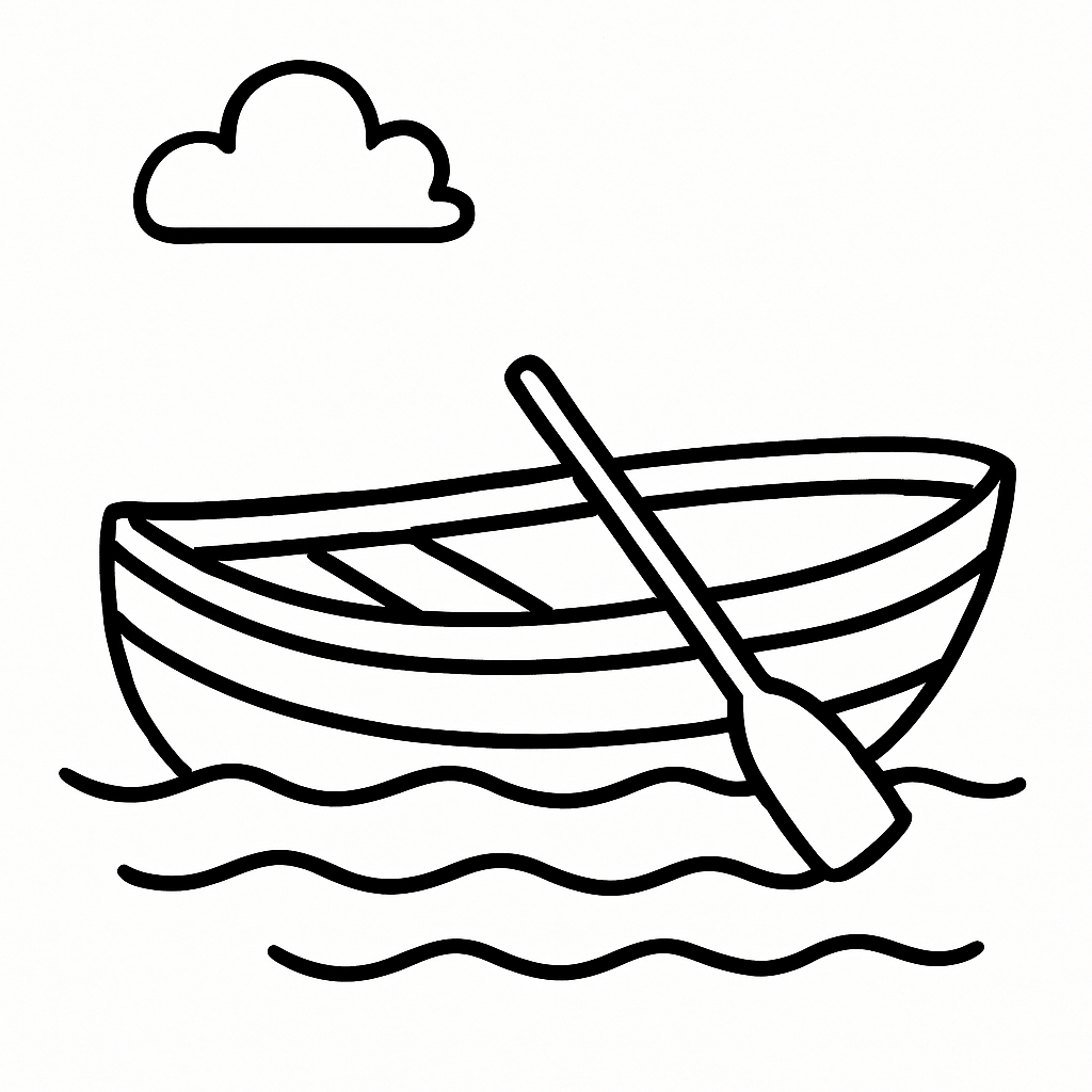 Black and white coloring page of a boat with an oar and clouds.