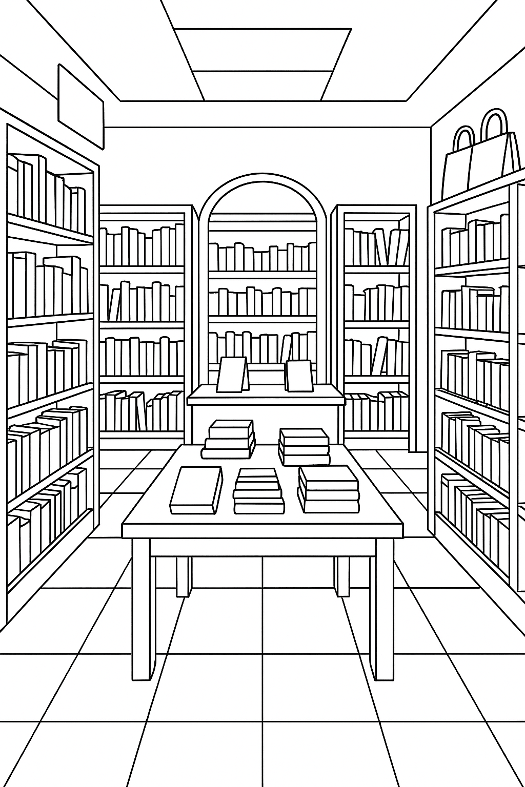 Bookstore interior with shelves and books for coloring