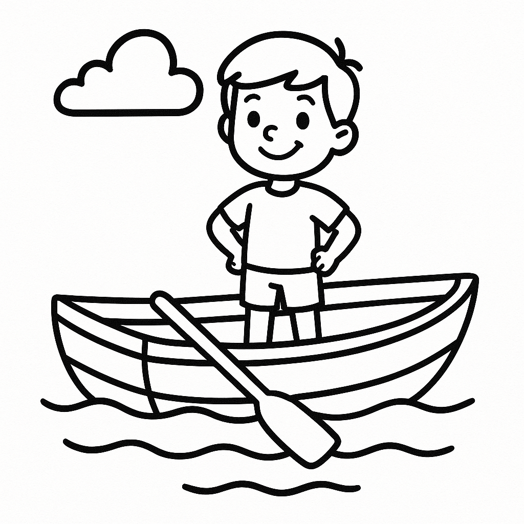 Boy standing in a small boat on water with a cloud.
