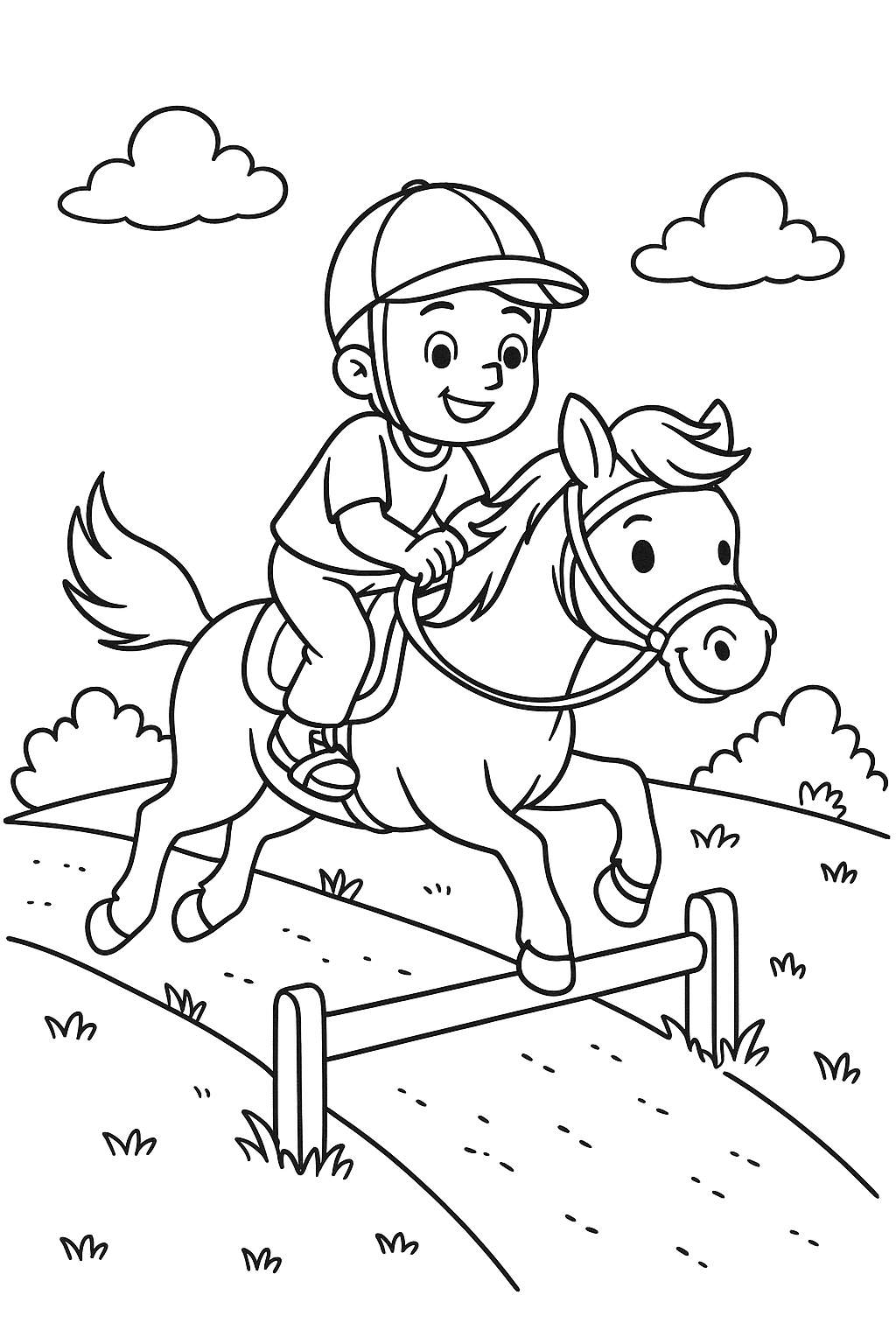 Boy cheerfully riding a horse over a jump.