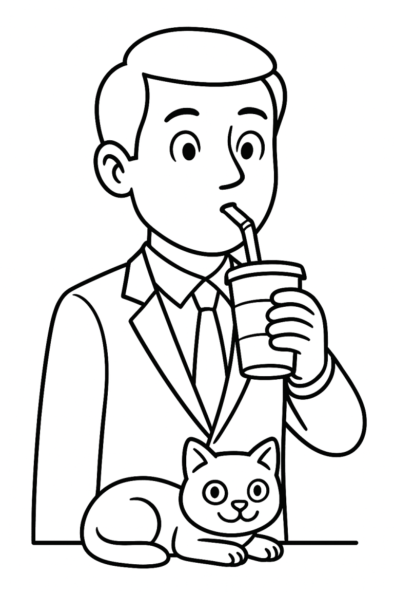 Boy holding a drink with a cat on a table