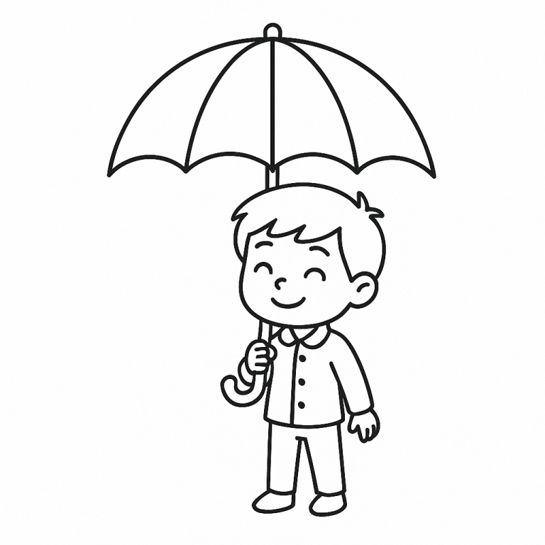 Boy holding an umbrella coloring page