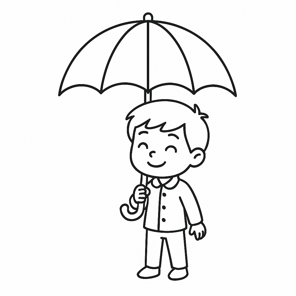 Boy holding an umbrella coloring page