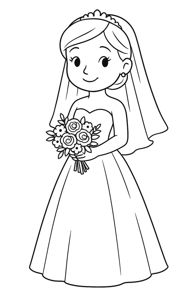 Bride holding a bouquet in a coloring page