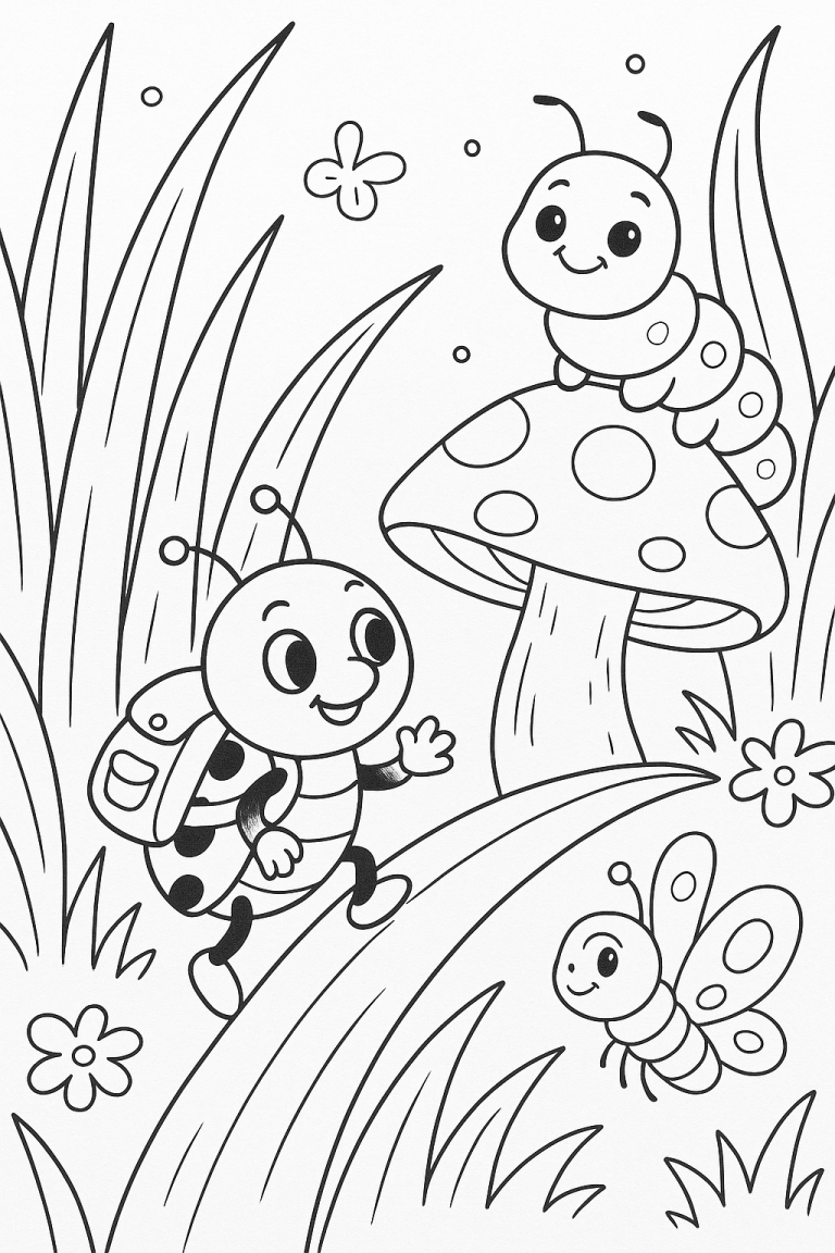 Cute bugs on an adventure in nature coloring page