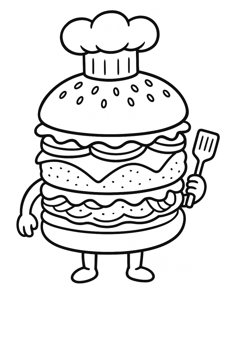 A whimsical burger-shaped chef holding a spatula.