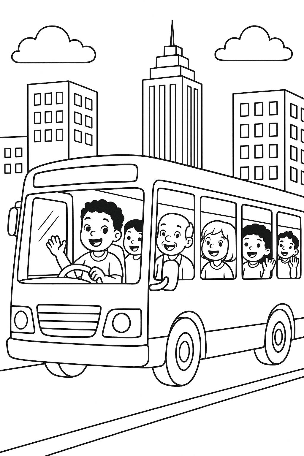 Children enjoy a ride on a city bus with buildings in the background.