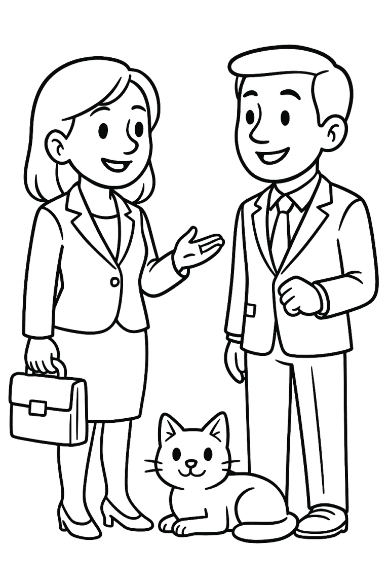 Business professionals chatting with a cat nearby