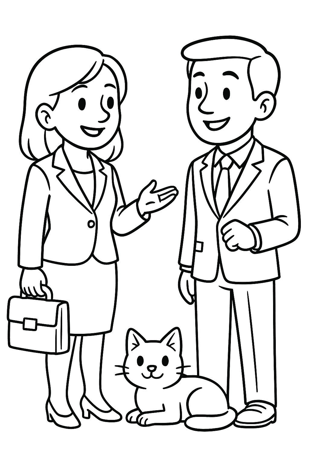Business professionals chatting with a cat nearby