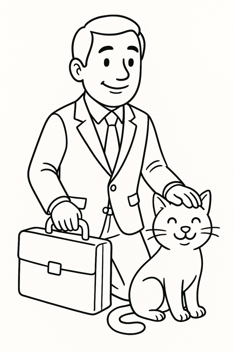 Coloring page of a businessman with a cat
