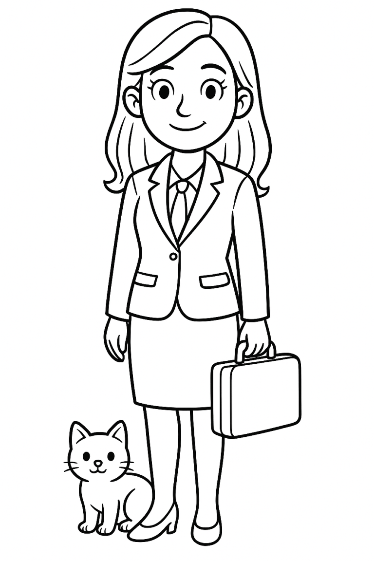 Coloring page of a businesswoman with a cat