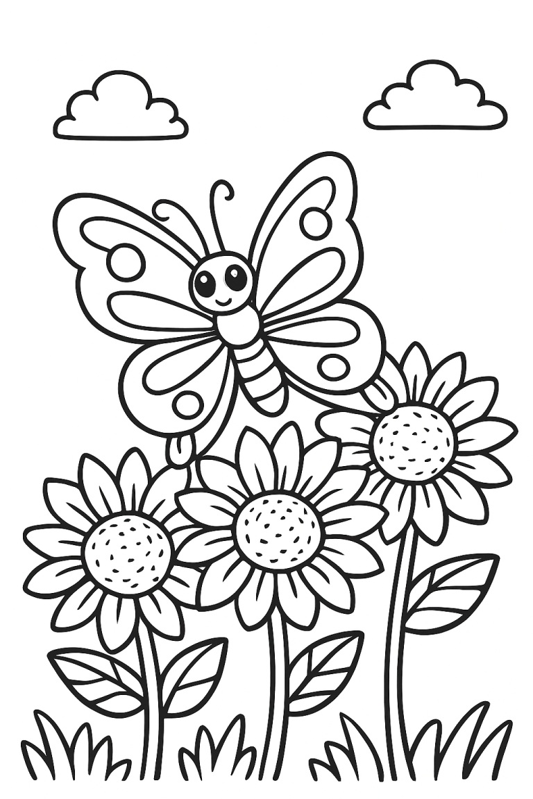 A butterfly resting on flowers coloring page