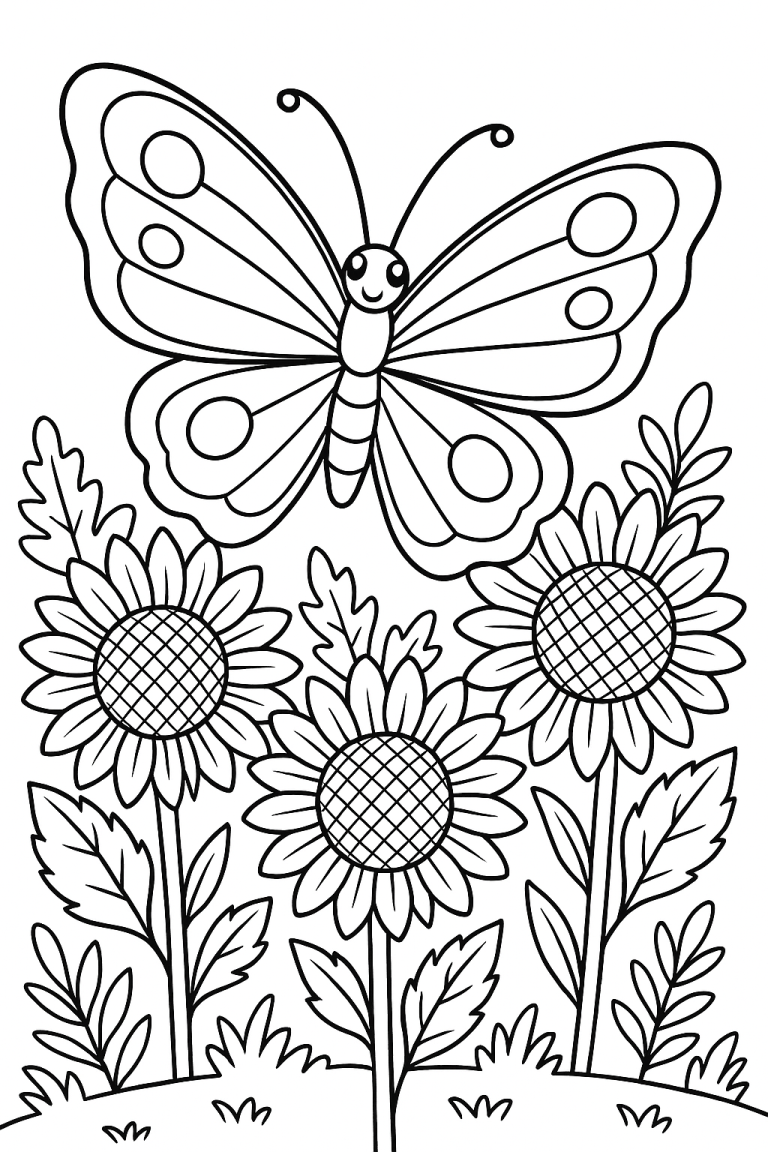 Butterfly flying over three sunflowers