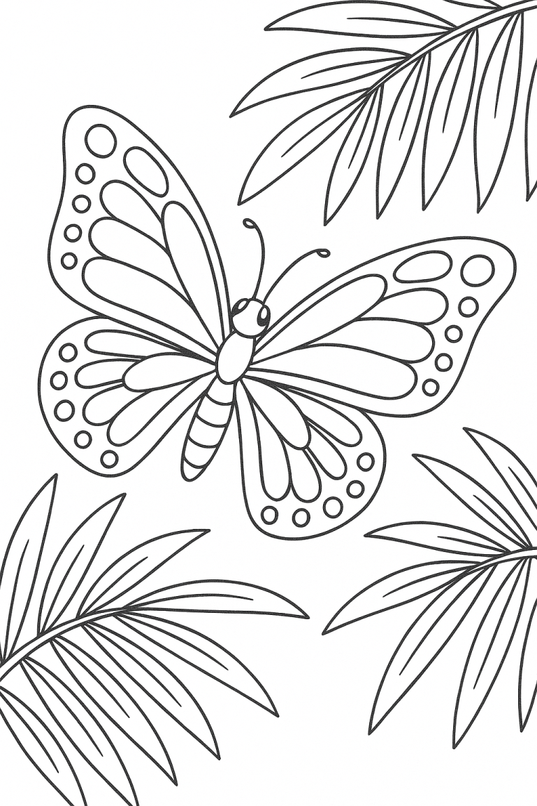 Butterfly coloring page with leaves