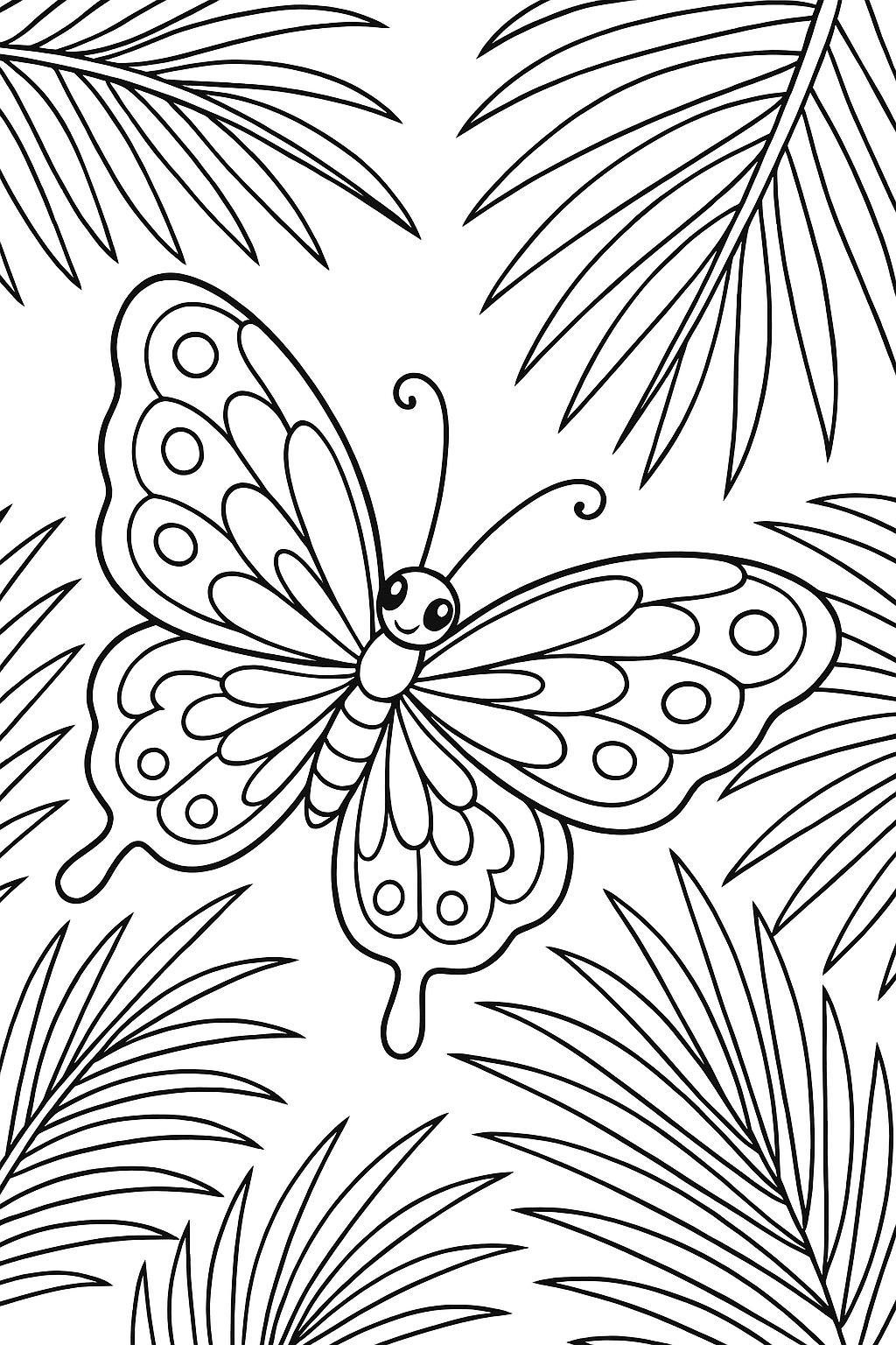 Coloring page with a butterfly and leaves