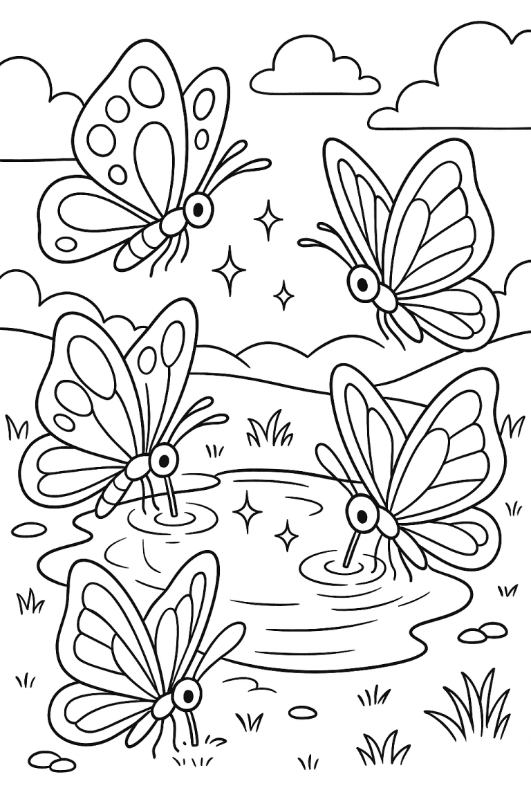Butterflies fluttering over a pond coloring page