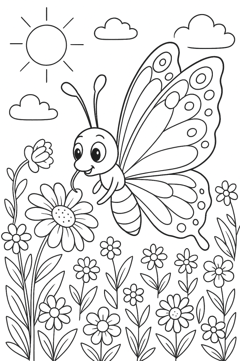 A butterfly with flowers coloring page
