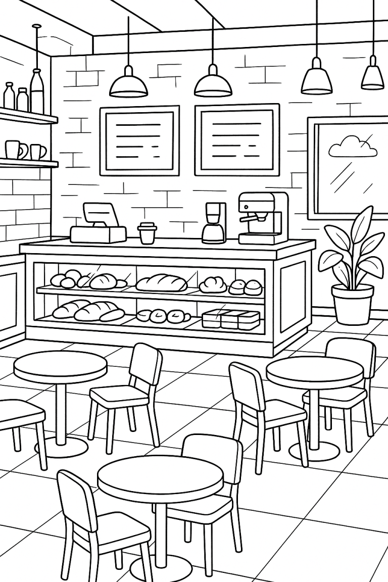 Cafe interior coloring page with tables and counter