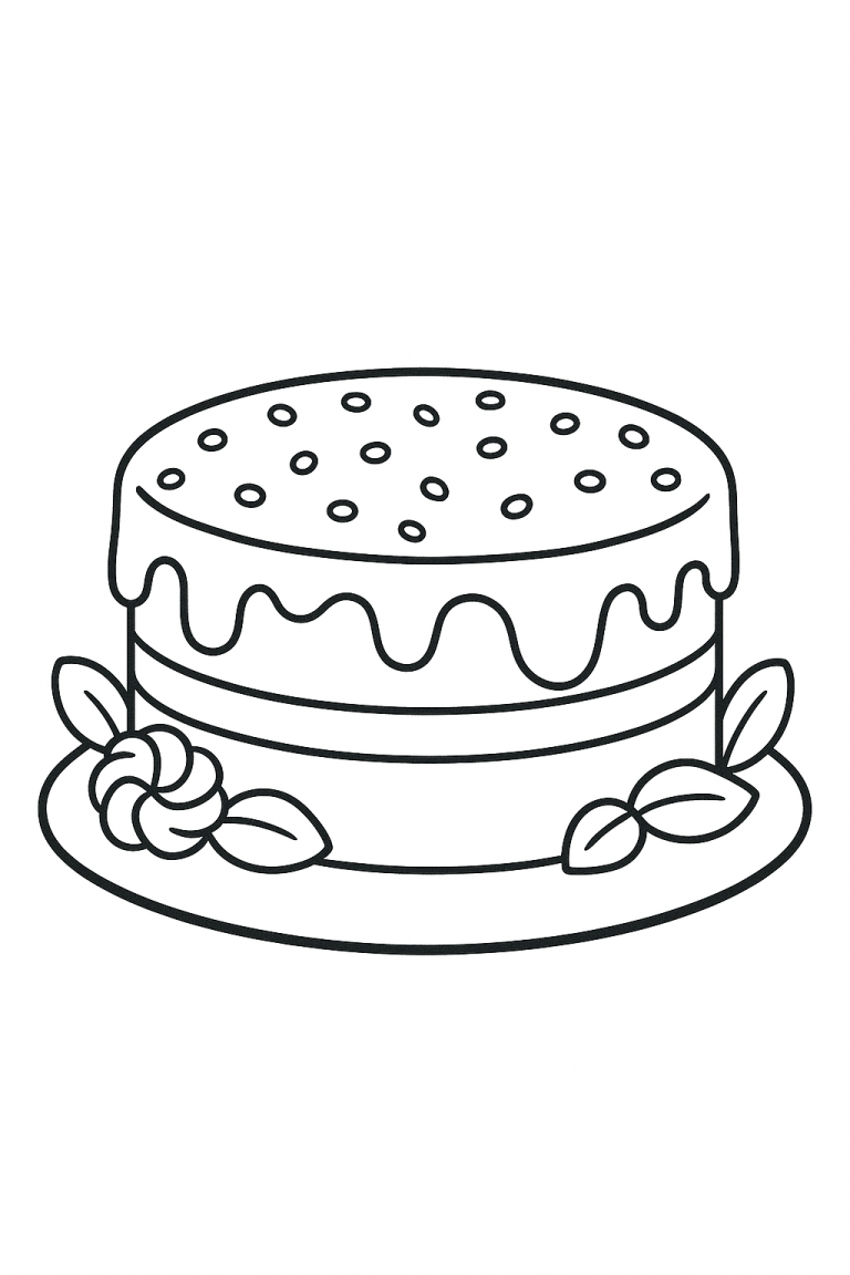 A simple cake coloring page with decorations.