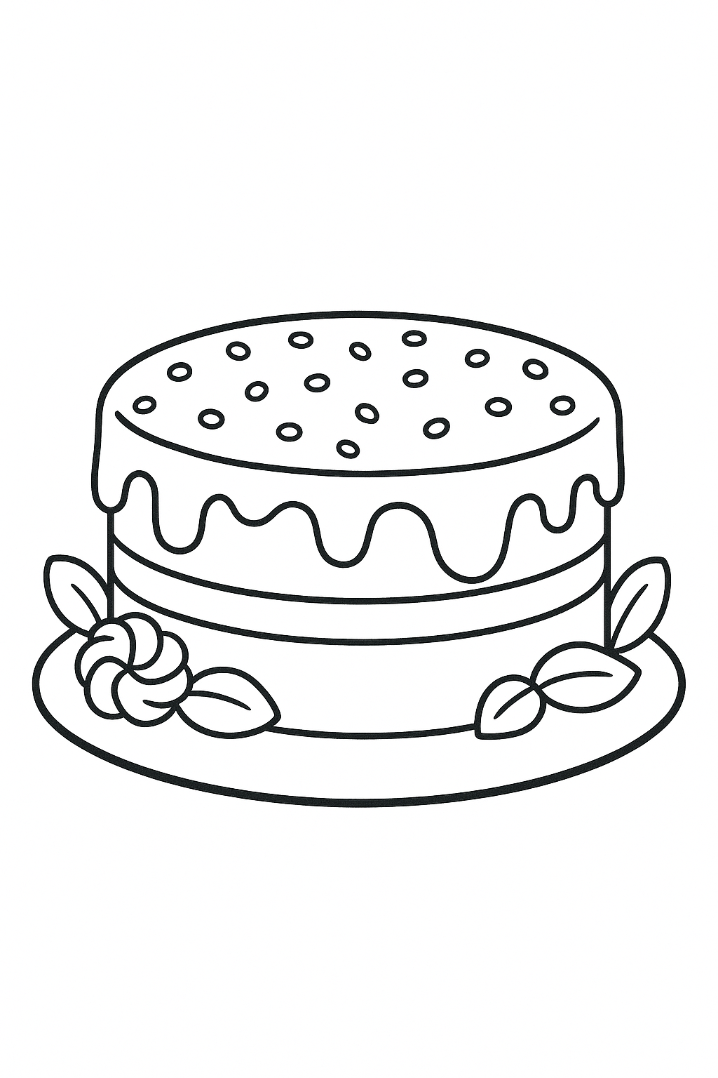 A simple cake coloring page with decorations.