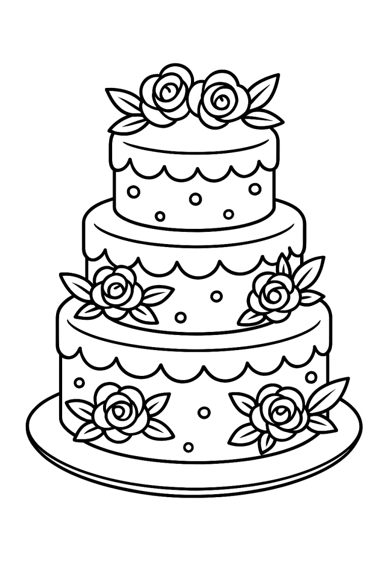 Three-tiered cake coloring page with flowers