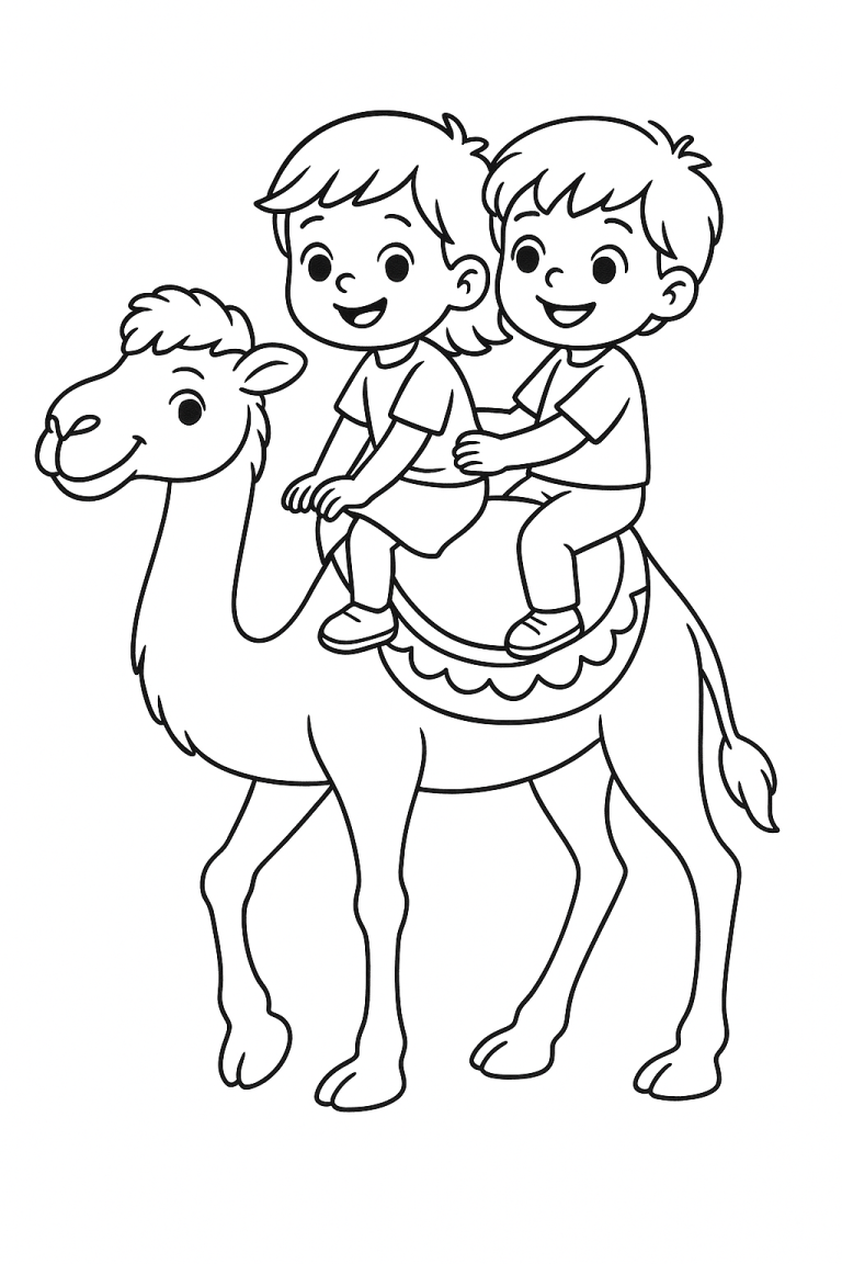 Children riding a camel coloring page