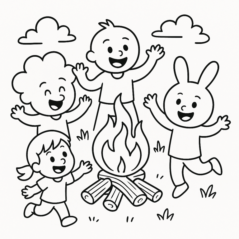 Children and animals around a campfire coloring page