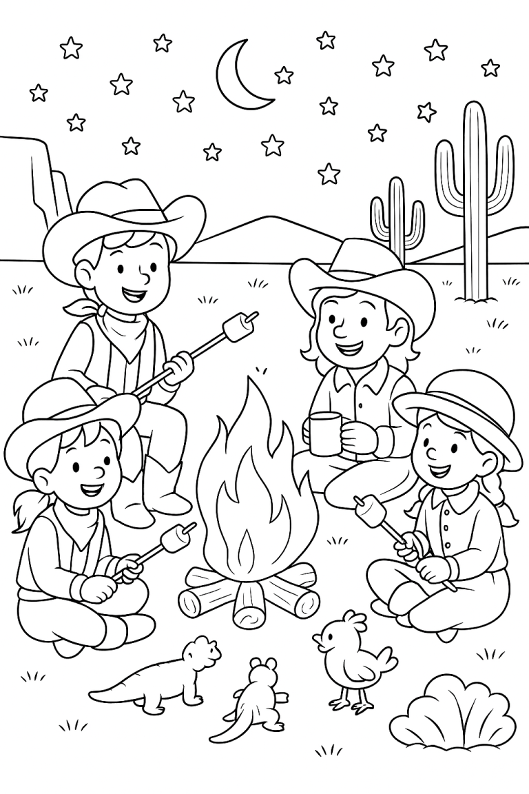 Children enjoying a campfire scene with marshmallows, under a starry night.