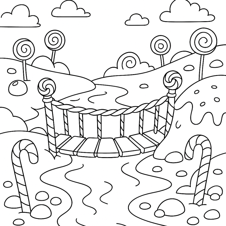 Whimsical Candy Land with bridge and candy trees