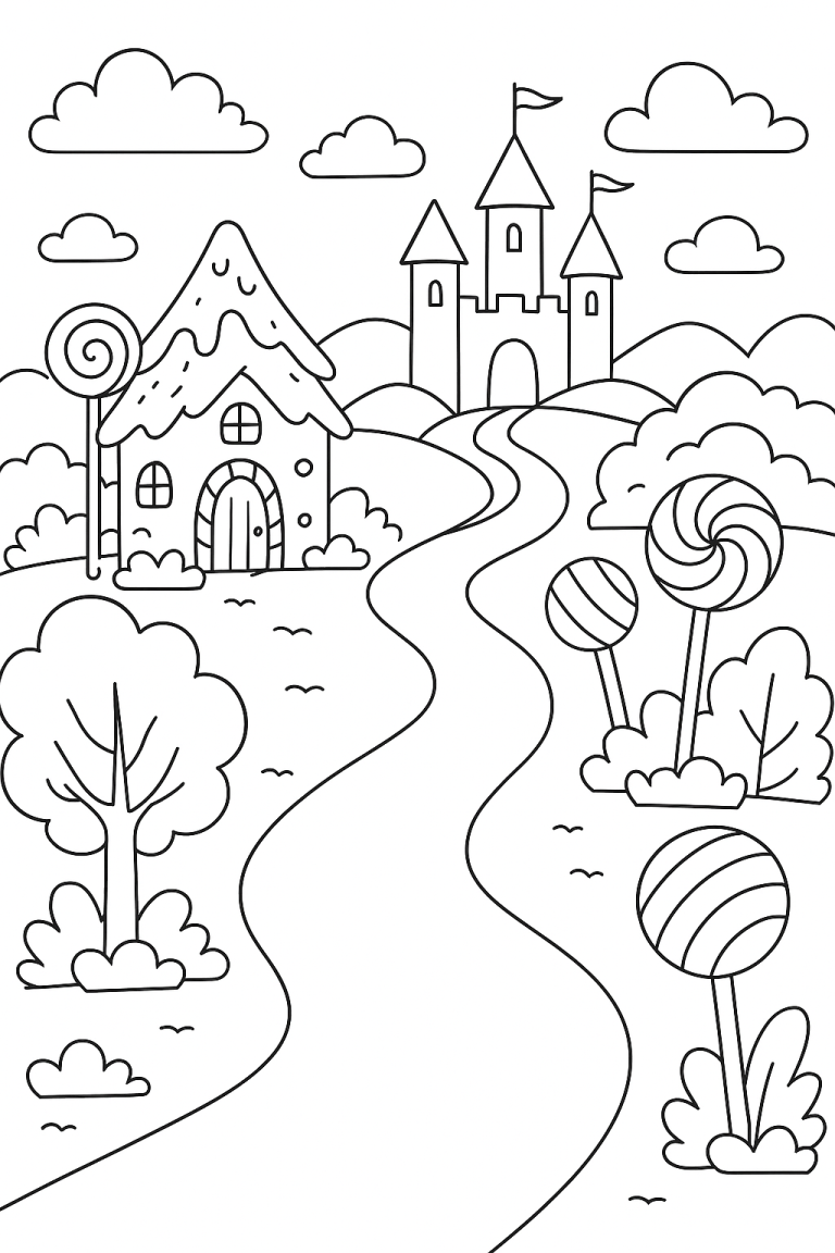 Children's coloring page of a Candy Land with a castle and lollipops
