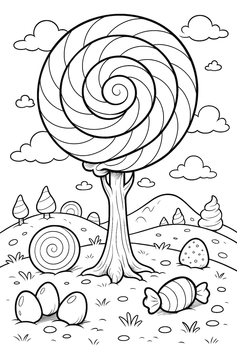 Candy landscape with lollipop trees and candies