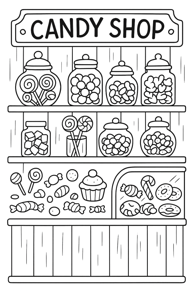 A children's coloring page of a candy shop with jars of sweets and treats.