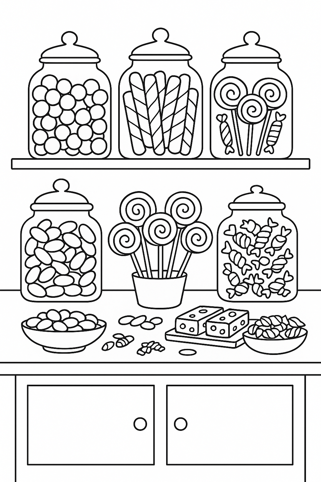 Candy shop coloring page with jars of sweets