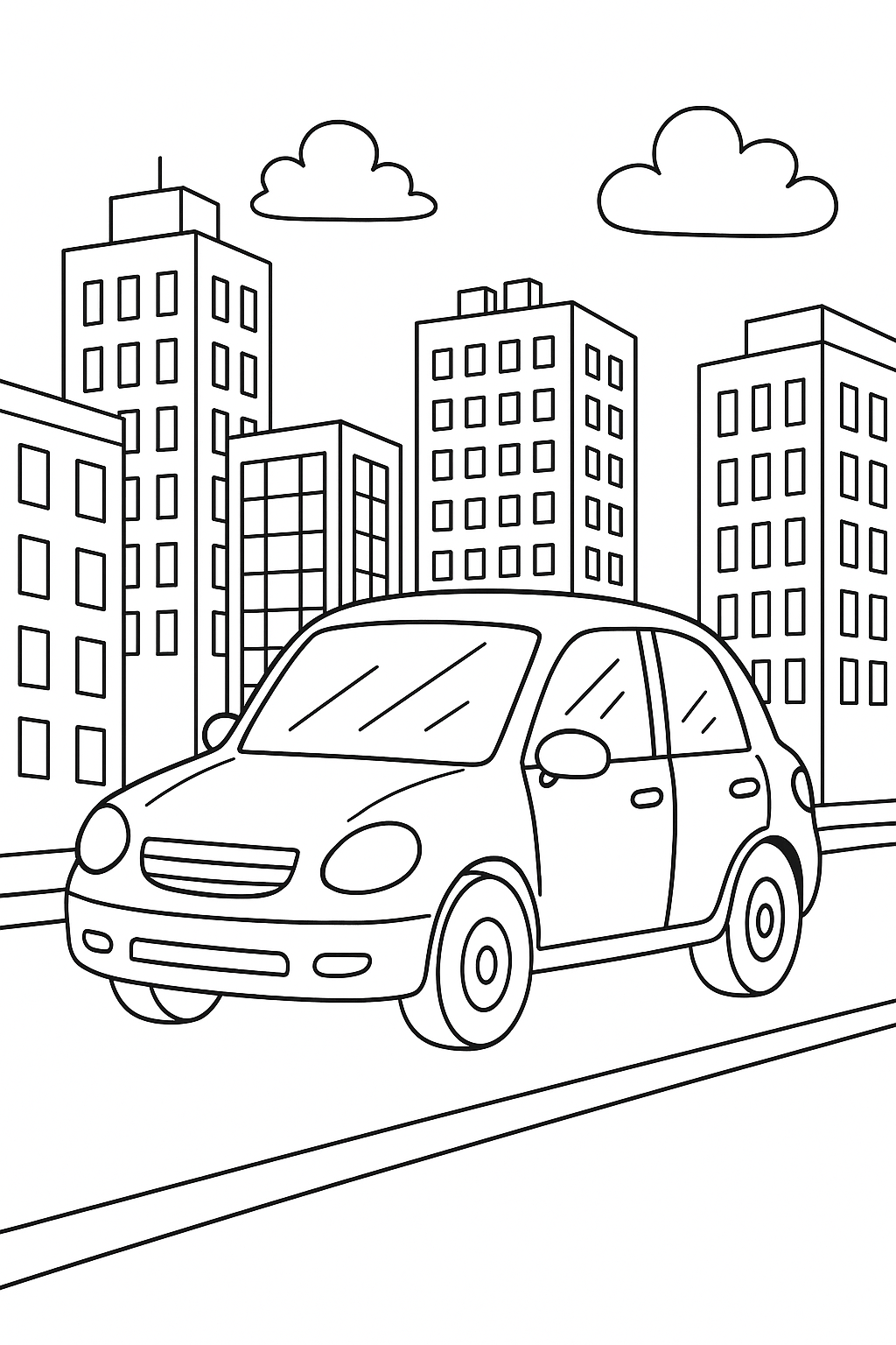 Car coloring page with cityscape