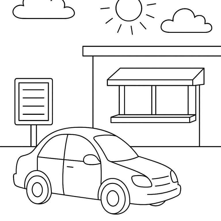 Car in front of a building coloring page