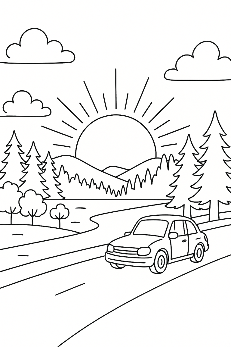Car on road with trees and sunrise