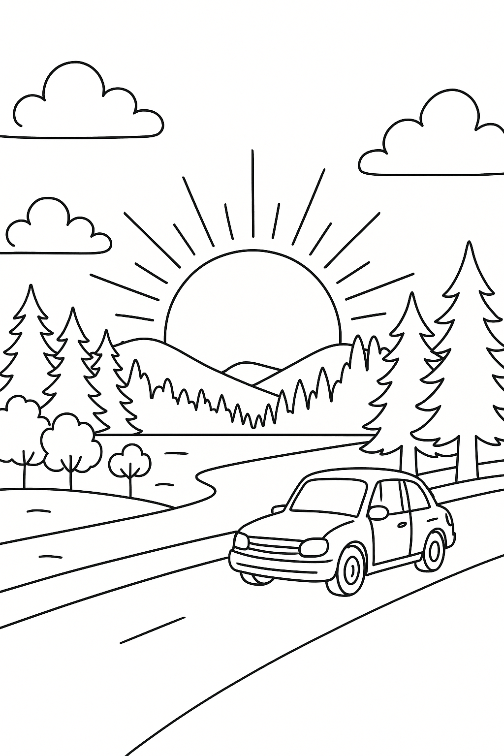 Car on road with trees and sunrise