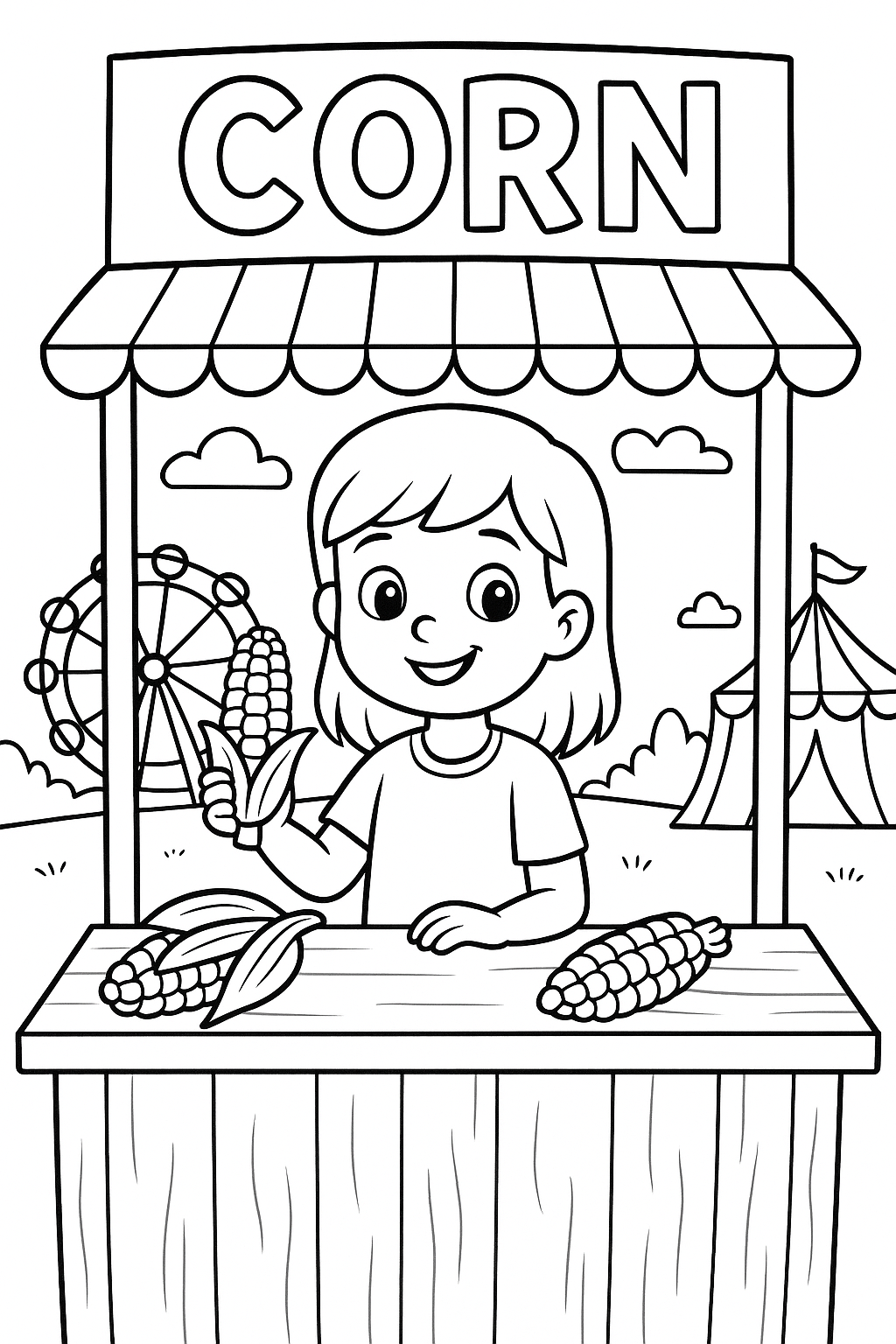 Child at carnival corn stand coloring page