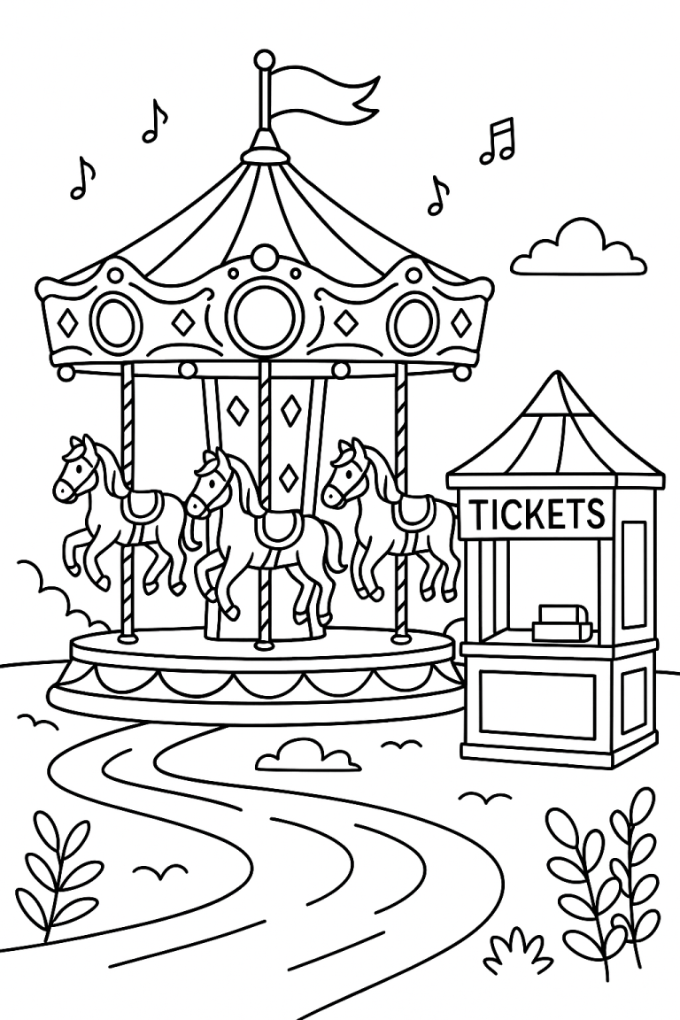 Carousel with horses and ticket booth coloring page