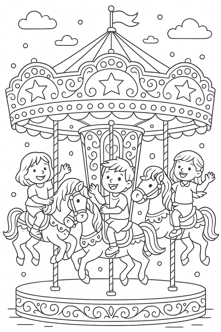 Coloring page of kids riding a carousel