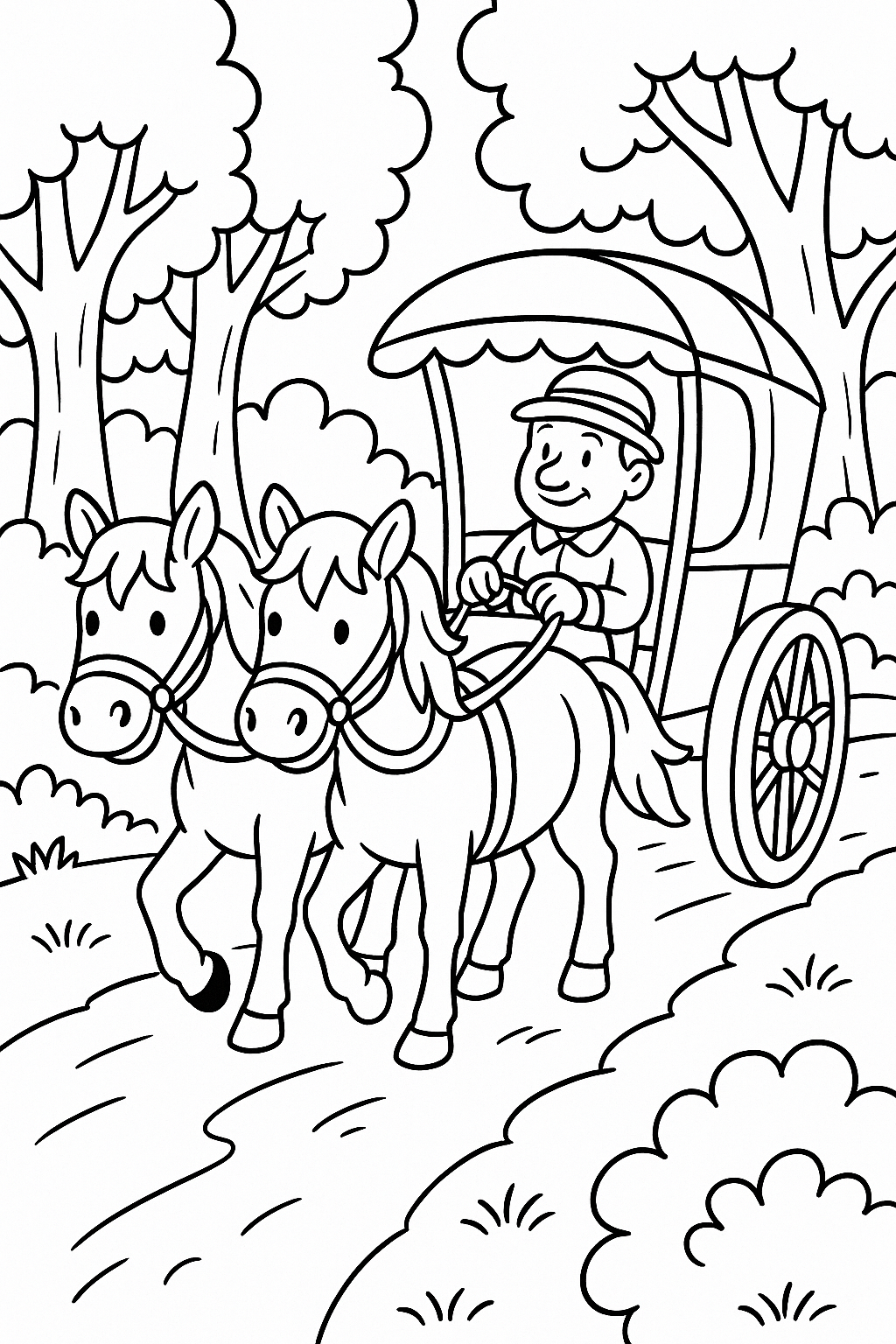 Carriage pulled by horses on a forest path