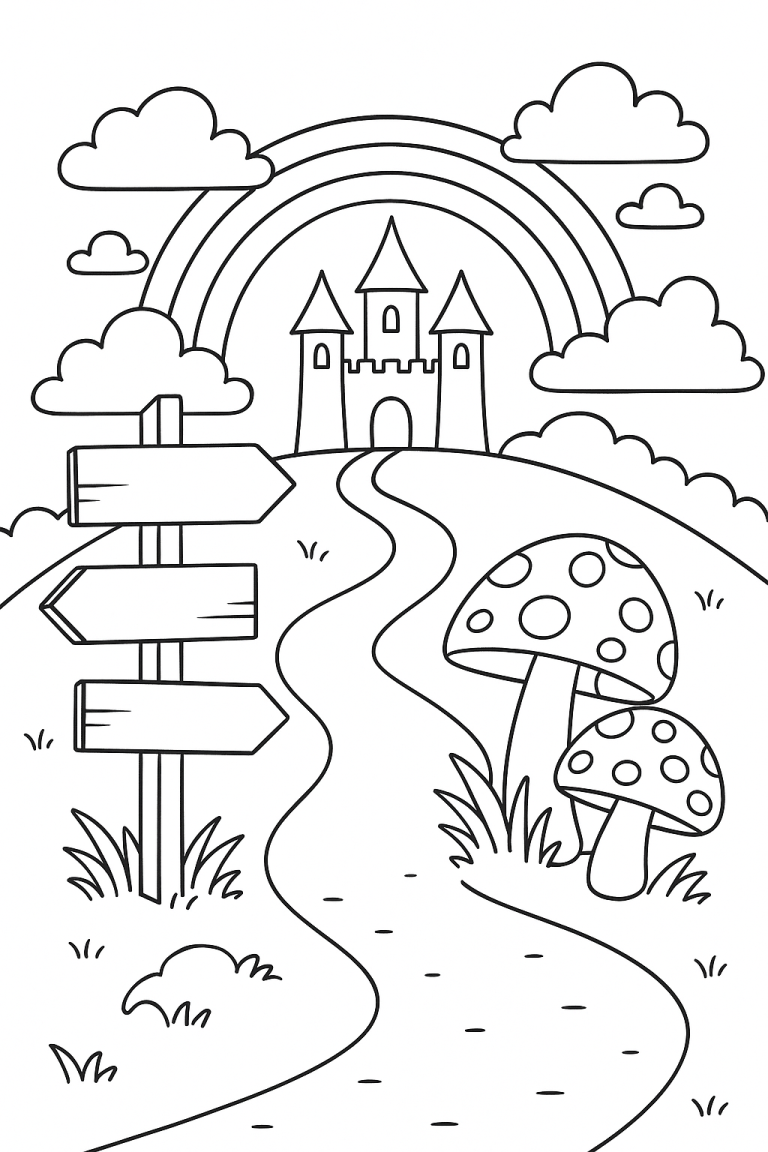 Castle with rainbow and mushrooms coloring page