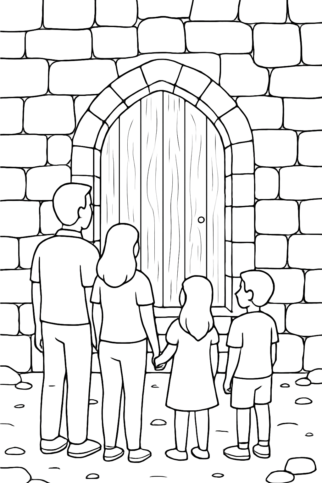 Family standing in front of a castle door