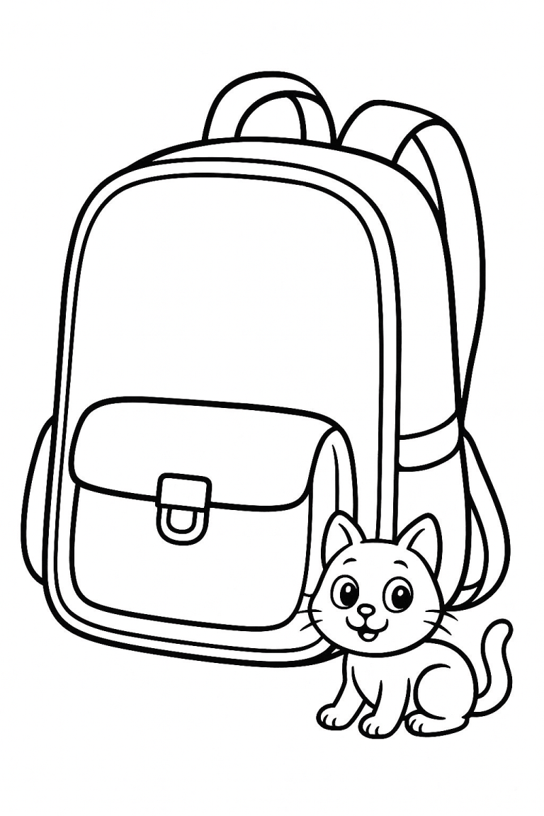 Coloring page of a cat and a backpack