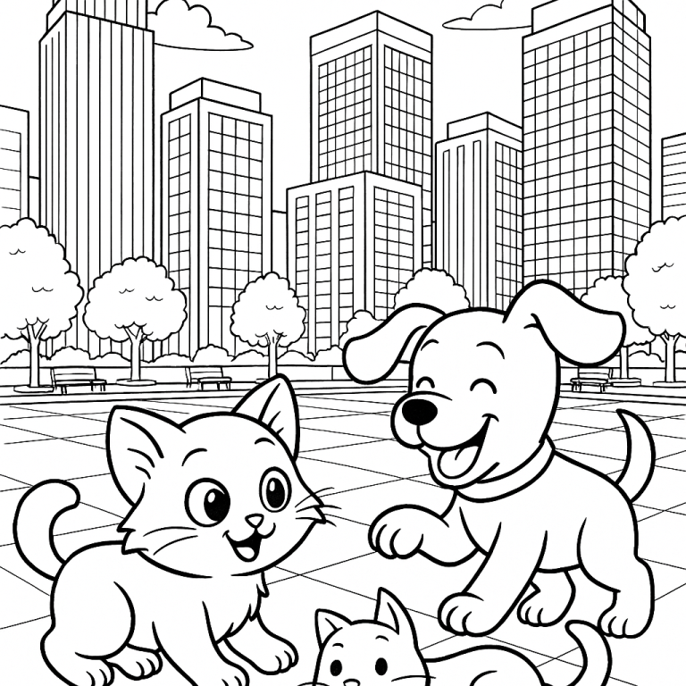 Coloring page of a cat and dog in a park